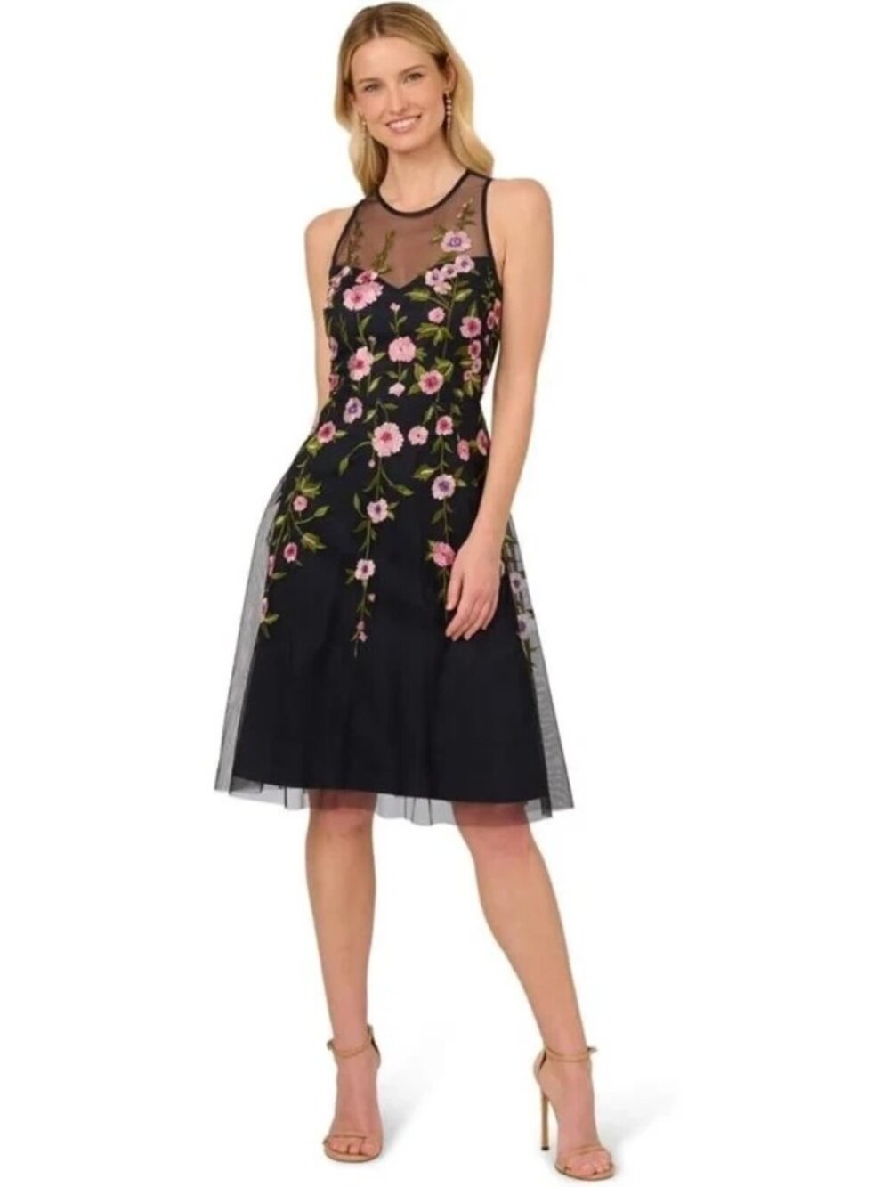 Adrianna Papell Midnight Blue Multi Floral Beaded Sequin Mesh Dress